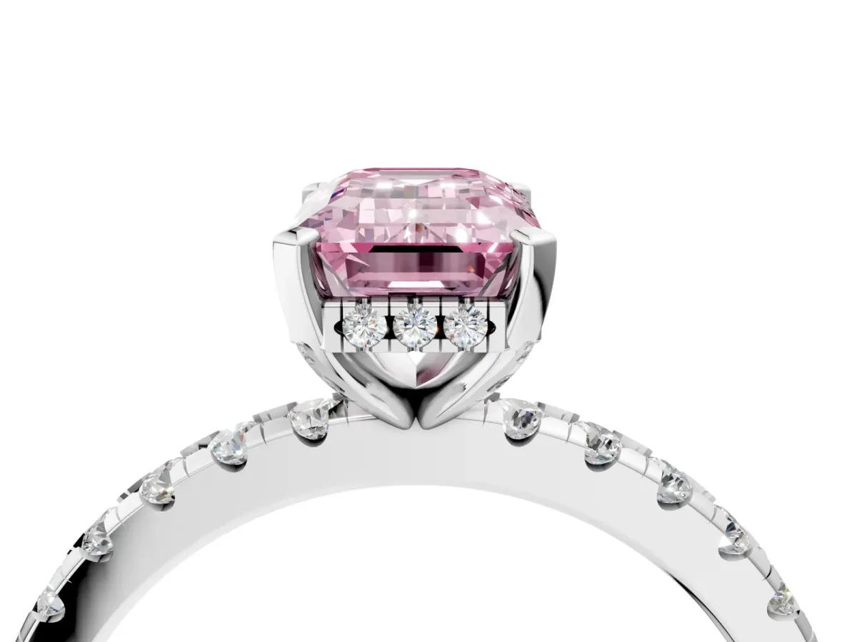 Fancy Pink Emerald Cut Diamond Solitaire Ring with Round Pavé Band and Four-Prong Setting Silver