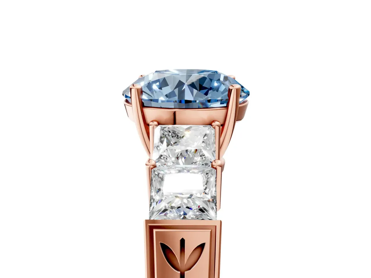 Fancy Blue Round Cut Solitaire Princess Side Stone Engraved Band Prong Setting Ring Rose gold