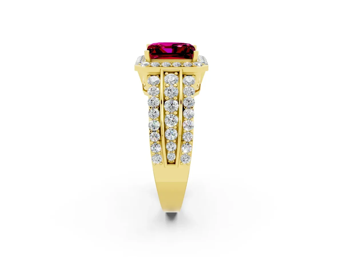 Princess Cut Halo Garnet Ring with Round Split Shank and Prong Setting Yellow gold