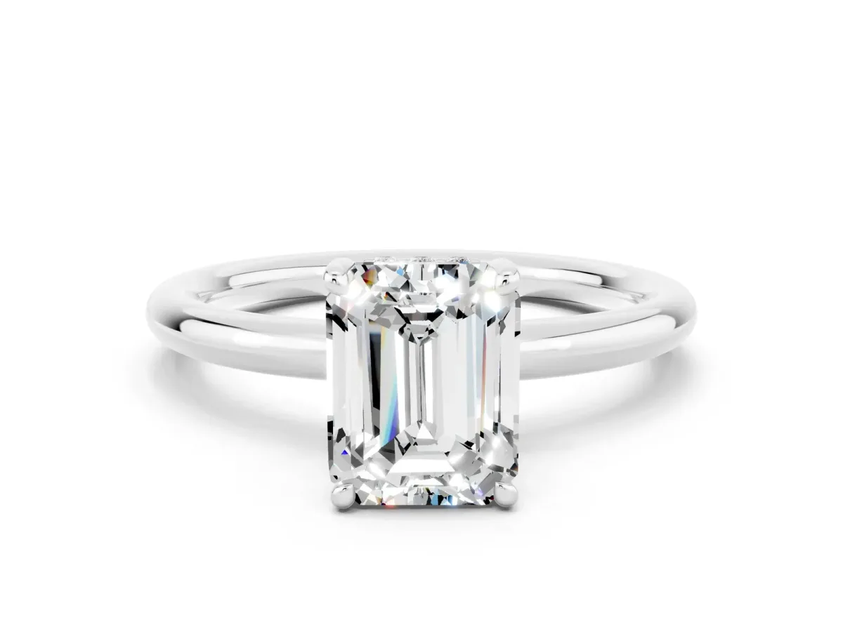 Emerald Cut Moissanite Solitaire Ring with Thin Band and Four-Prong Setting White gold