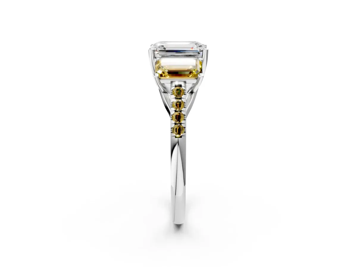 Three-Stone Emerald Cut Diamond Ring with Round Yellow Sapphire Pavé Band and Prong Setting Silver