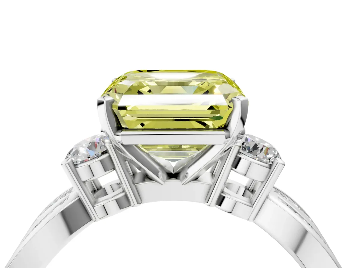 Fancy Yellow Three-Stone Asscher Cut Cut Diamond Twist Band with Prong Setting Platinum