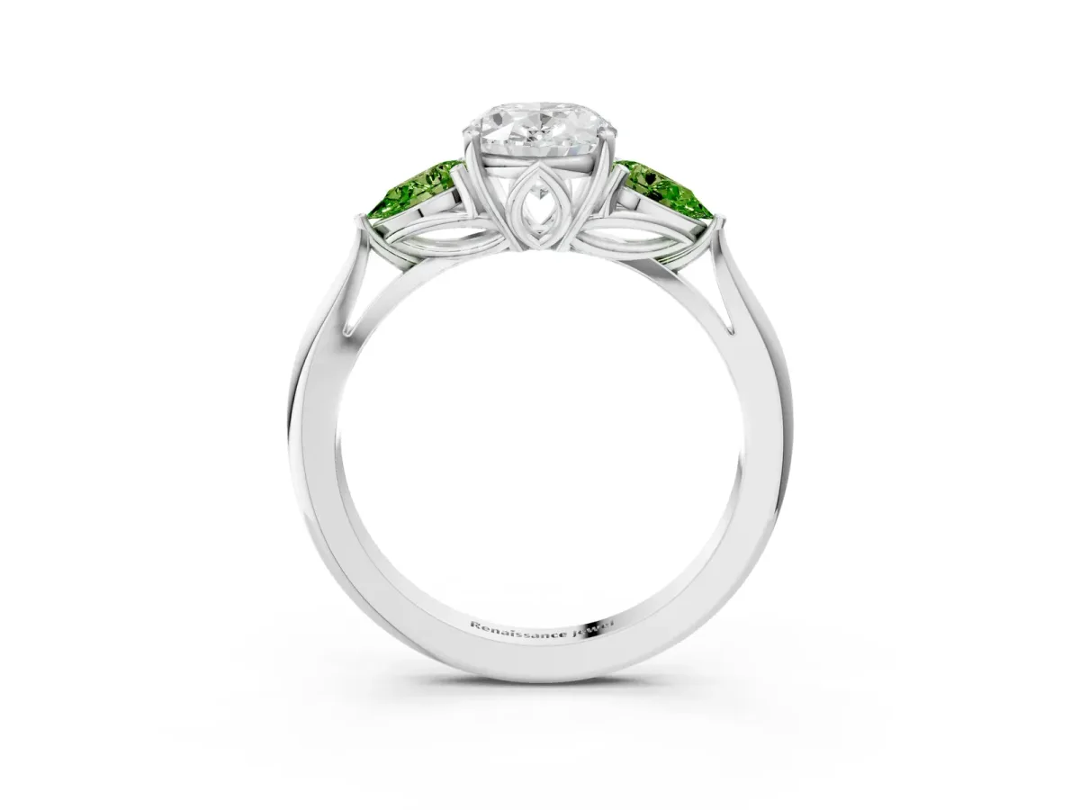 Oval Cut Diamond Three-Stone Ring with Pear Peridot Side Stones and Prong Setting White gold