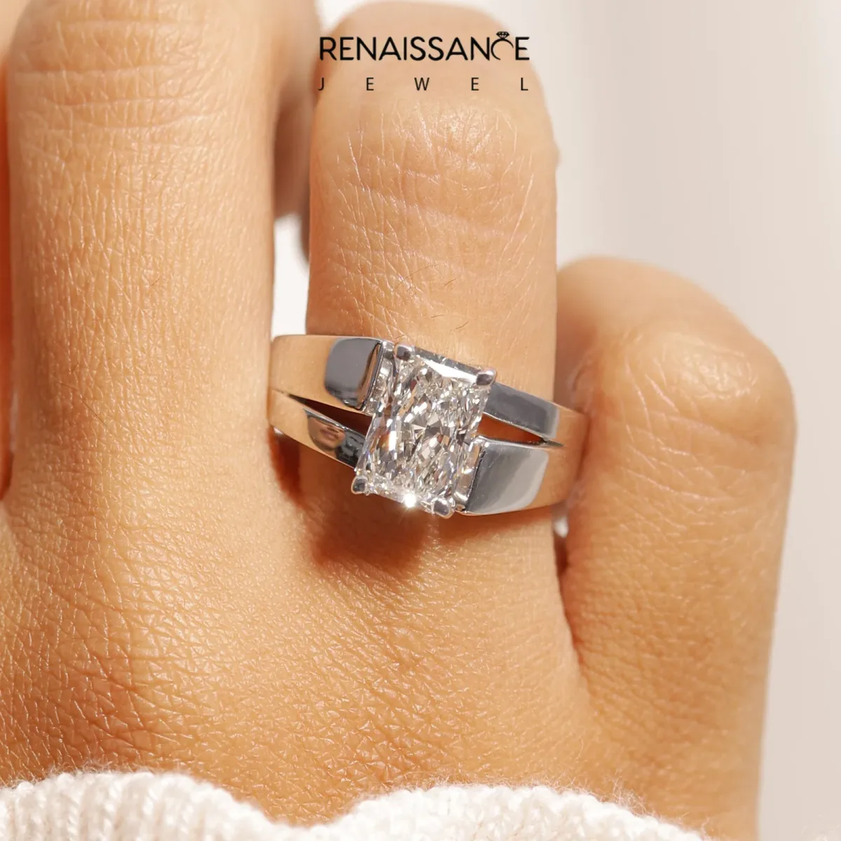 Modern Tension Set Radiant Cut Diamond Solitaire Wide Band Ring Platinum