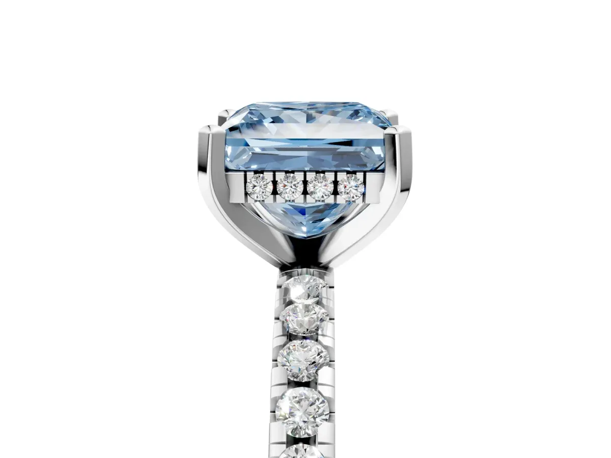 Fancy Blue Princess Cut Diamond Solitaire Ring with Round Pavé Band and Four-Prong Setting Silver