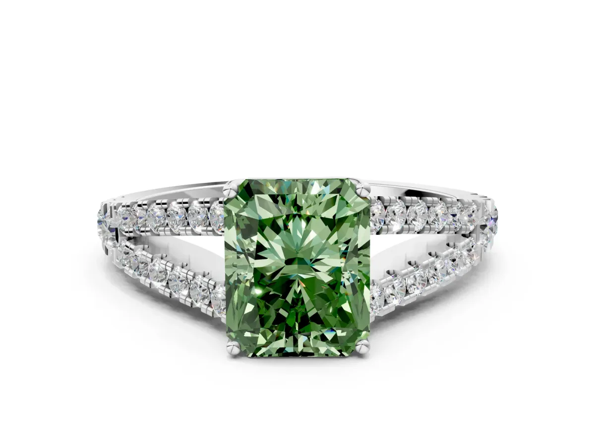 Fancy Green Radiant Cut Diamond Split Shank Engagement Ring with Round Pavé and Prong Setting Platinum