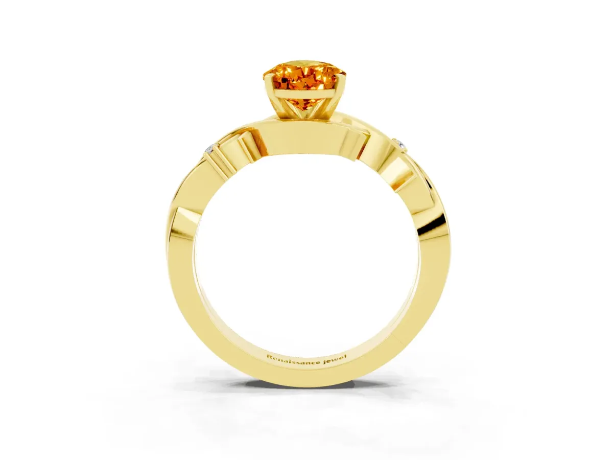 Pear Cut Citrine Solitaire Ring with Twisted Band and Prong Setting Yellow gold