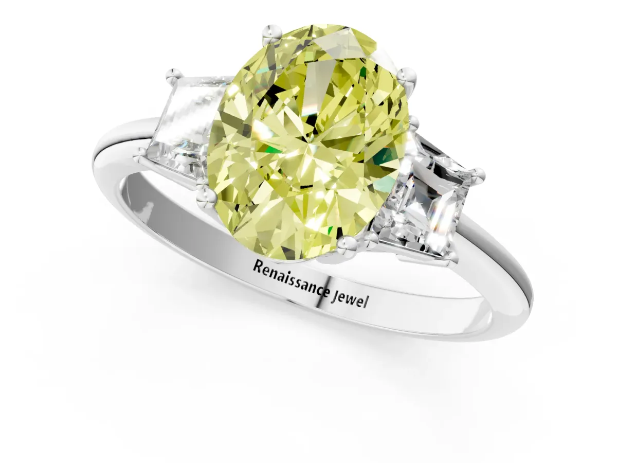Fancy Yellow Oval Cut Diamond Three-Stone Ring with Trapezoid Side Stones and Prong Setting Silver