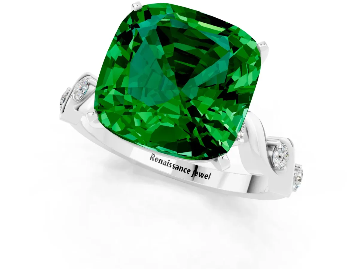 Cushion Cut Emerald Solitaire Twisted Band with Round Accents and Prong Setting Silver