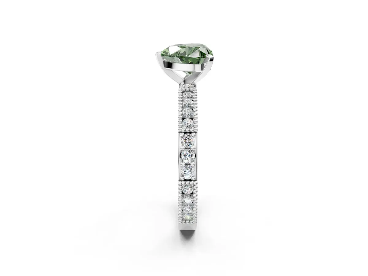 Fancy Green Heart Cut Solitaire with Pavé Band and Four-Prong Setting Silver