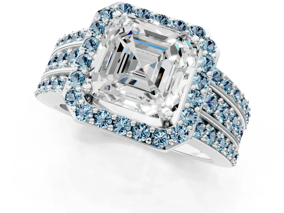 Asscher Cut Halo Diamond Ring with Round Aquamarine Split Shank and Prong Setting Silver