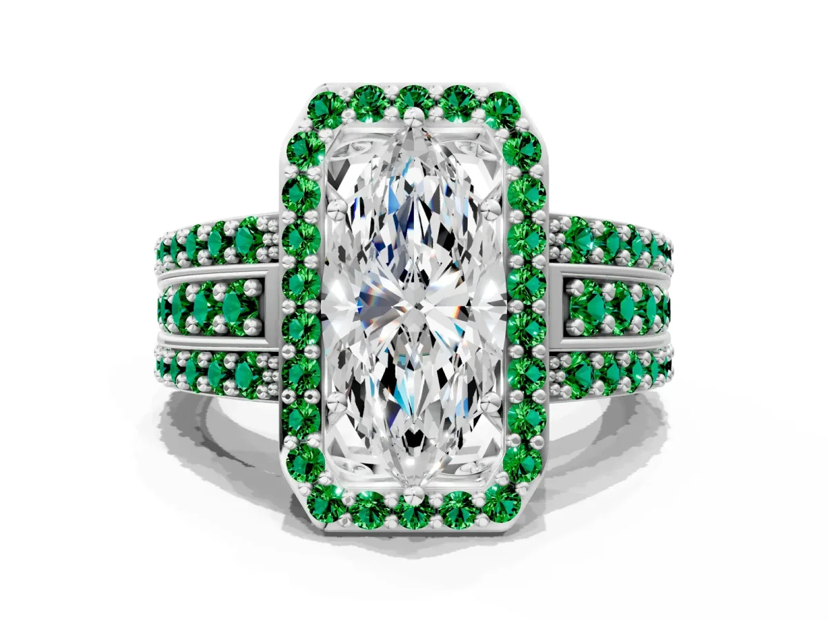 Marquise Cut Halo Diamond Ring with Round Emerald Split Shank and Prong Setting Silver