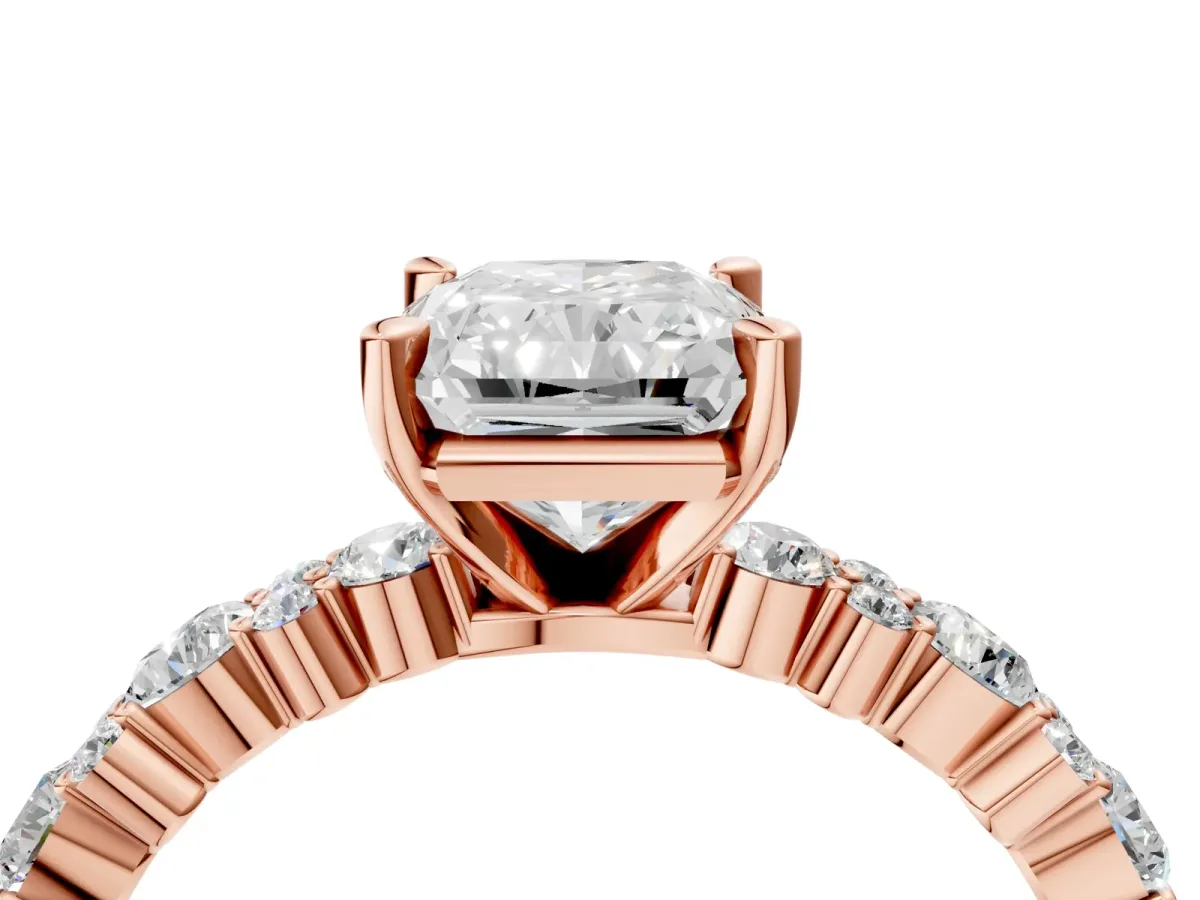 Radiant Cut Diamond Side Stone Solitaire Ring with Round and Four-Prong Setting Rose gold