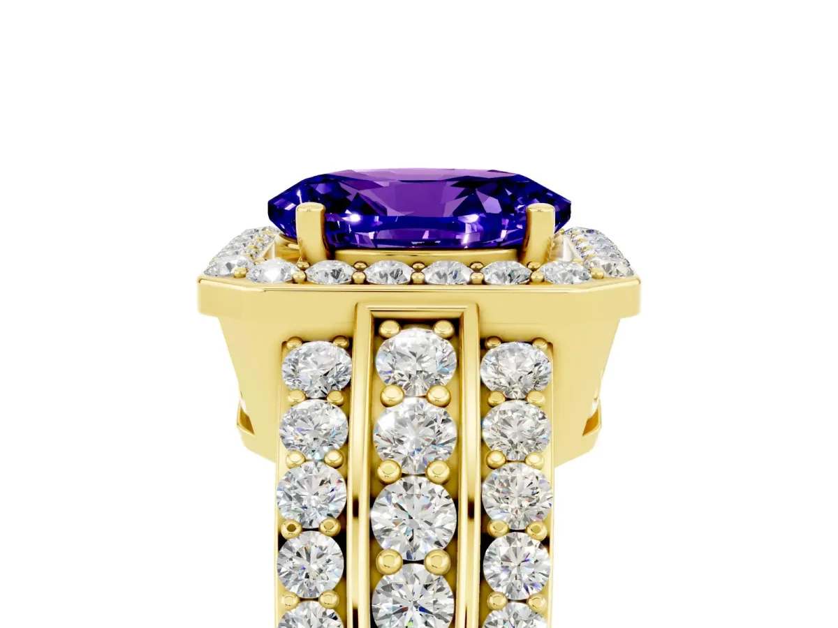 Oval Cut Halo Tanzanite Ring with Round Split Shank and Prong Setting Yellow gold