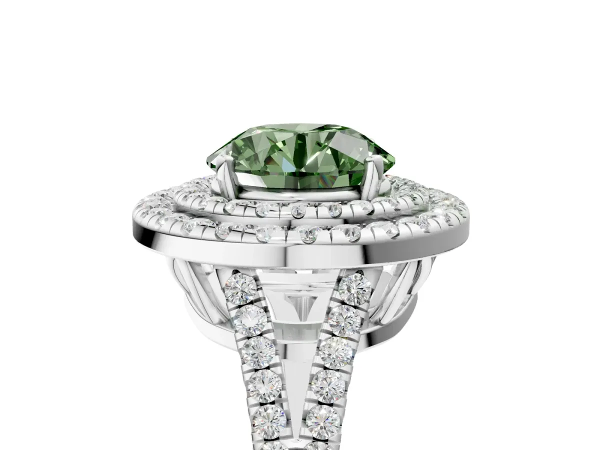 Fancy Green Round Cut Diamond Double Halo Ring with Pavé Band and Prong Setting Silver
