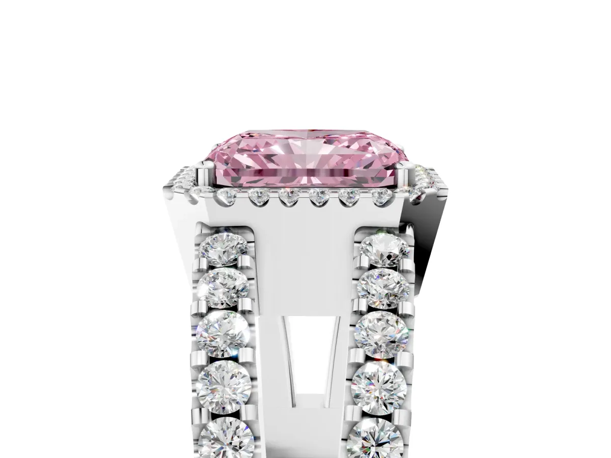Fancy Pink Radiant Cut Cut Halo Split Shank Diamond Ring with Four-Prong Setting Platinum
