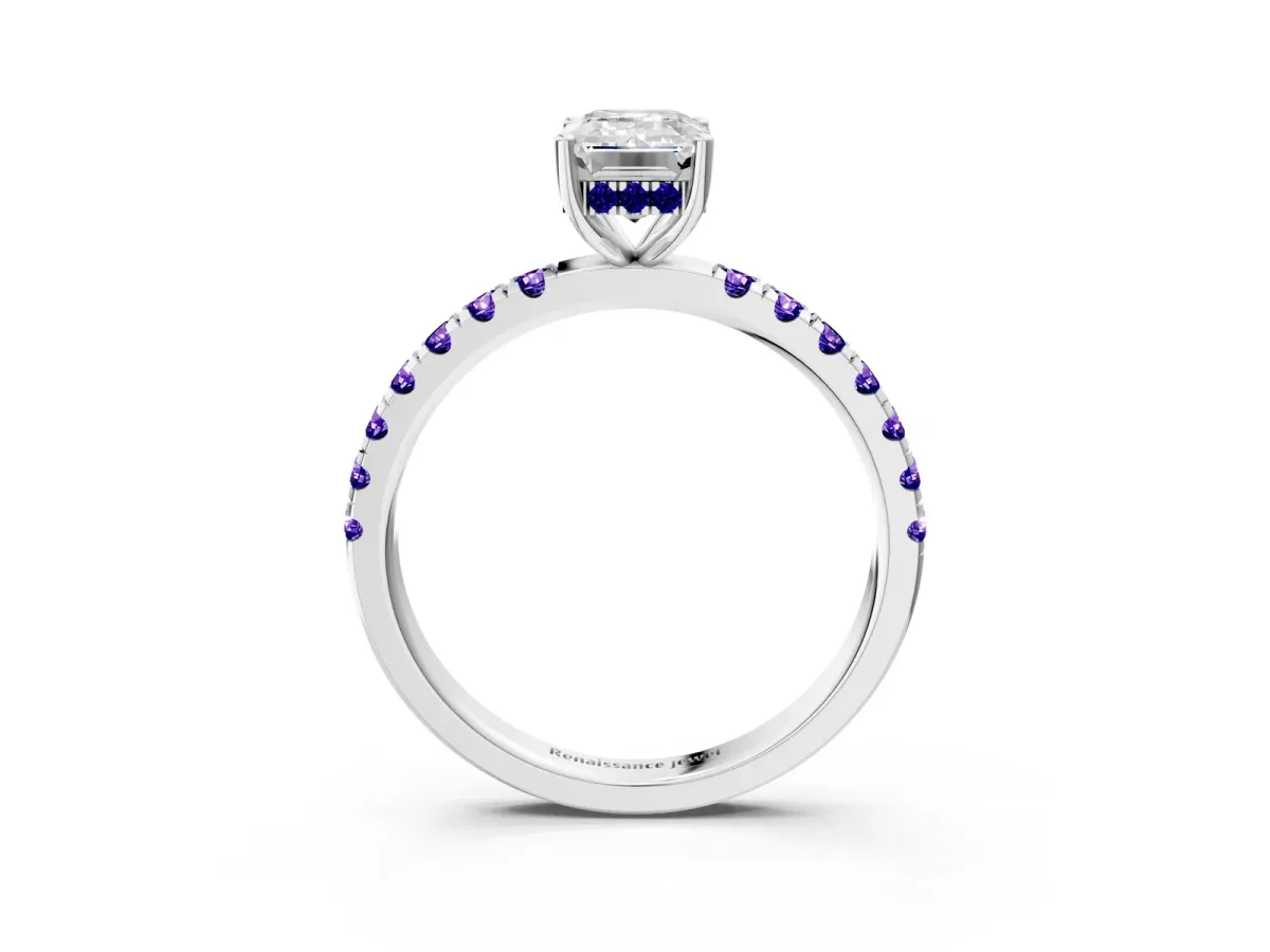 Emerald Cut Diamond Pave Band Solitaire Ring with Round Tanzanite and Prong Setting Platinum