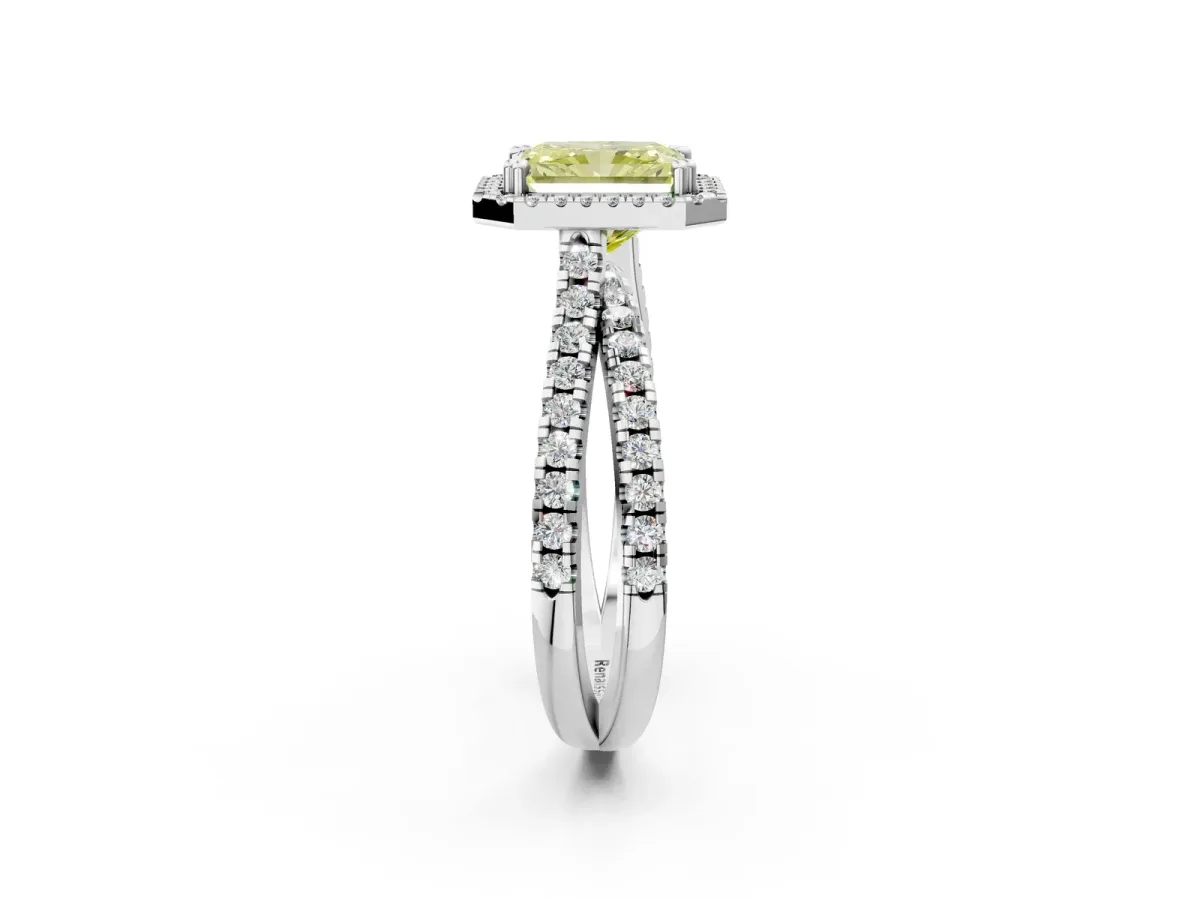 Fancy Yellow Radiant Cut Halo Split Shank Diamond Ring with Pavé Setting Platinum