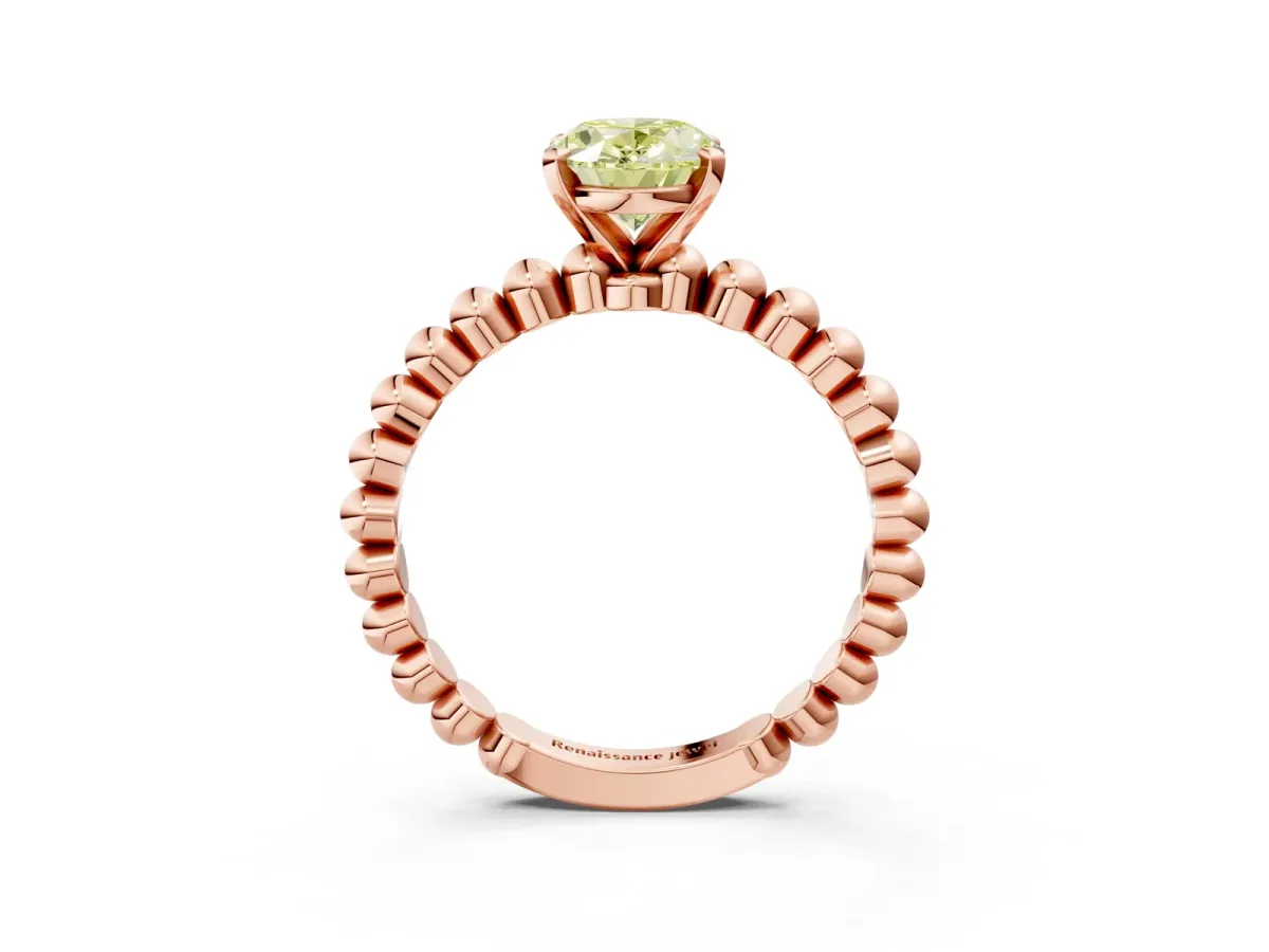 Fancy Yellow Oval Cut Diamond Solitaire Ring with Beaded Band and Prong Setting Rose gold
