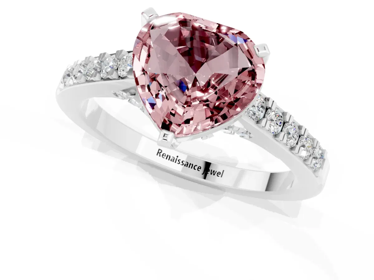 Heart Cut Morganite Solitaire Ring with Crossover Gallery and Round Pavé Band Silver