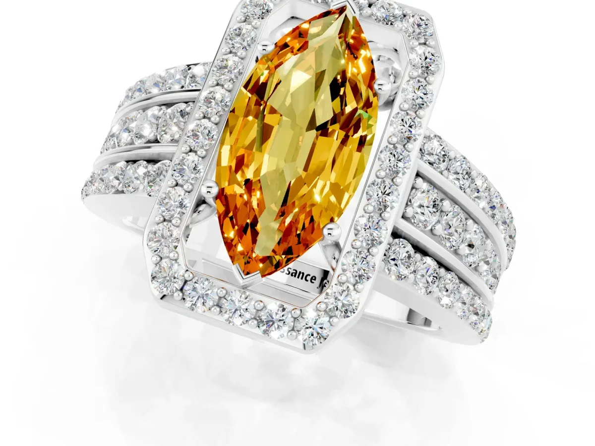 Marquise Cut Halo Citrine Ring with Round Split Shank and Prong Setting Silver