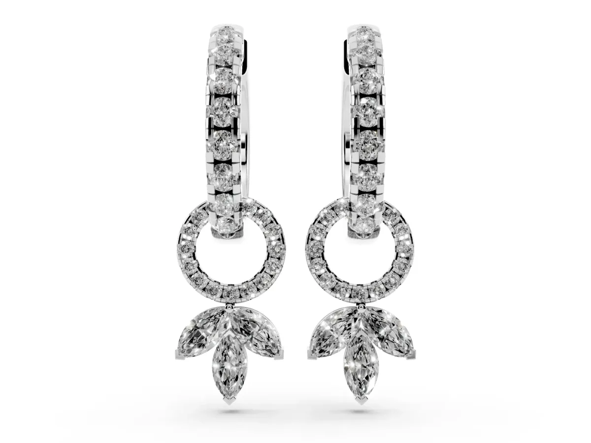 Round and Marquise Diamond Huggie Drop Earrings Silver