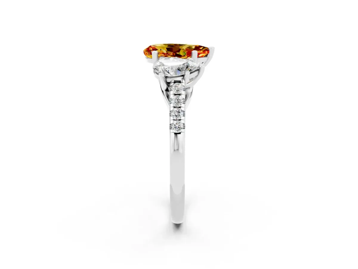 Three-Stone Pear Cut Citrine Ring with Round Pavé Band and Prong Setting Platinum