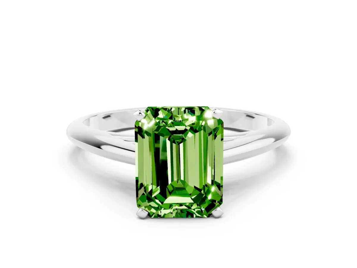 Emerald Cut Peridot Solitaire Engagement Ring with Cathedral Setting and Four-Prong Mount White gold