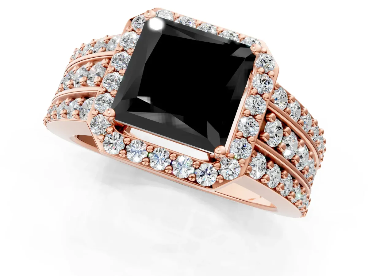 Fancy Black Princess Cut Halo Diamond Ring with Round Split Shank and Prong Setting Rose gold
