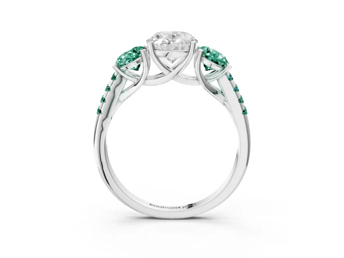 Three-Stone Oval Cut Diamond Ring with Round Green Sapphire Pavé Band and Prong Setting Silver