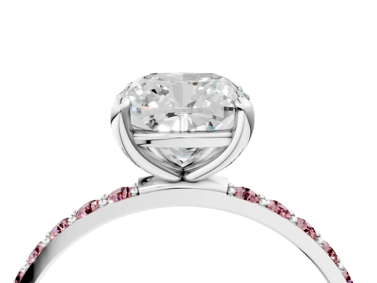 Cushion Cut Diamond Solitaire Ring with Round Morganite Pavé Band and Prong Setting Silver