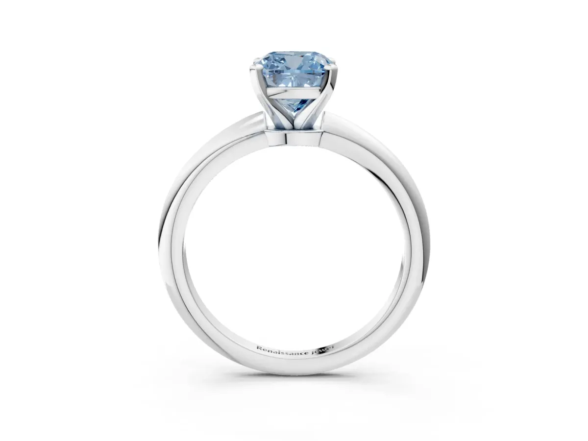 Fancy Blue Cushion Cut Diamond Solitaire Ring with Six-Prong Setting and Classic Band Silver