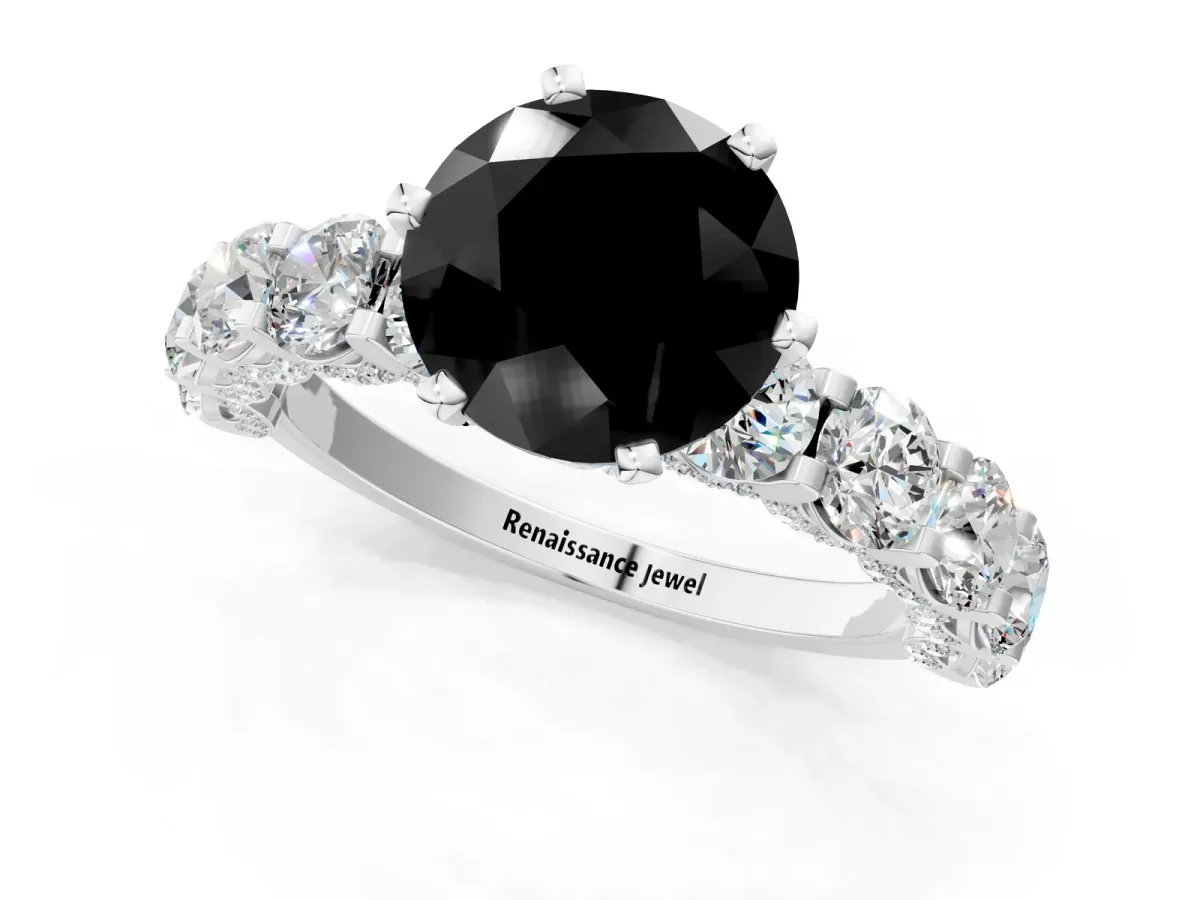 Fancy Black Round Cut Diamond Side Stone Engagement Ring with Four-Prong Setting White gold