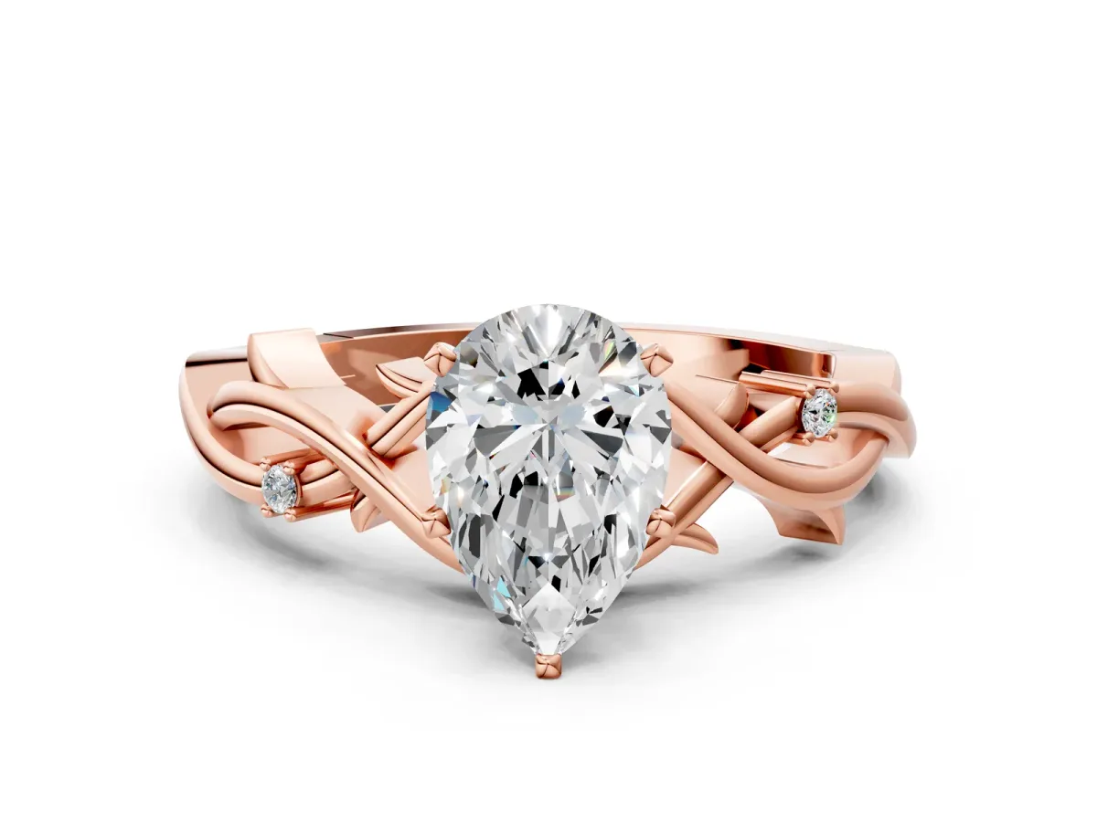 Pear Cut Diamond Solitaire Ring with Twisted Band and Prong Setting Rose gold