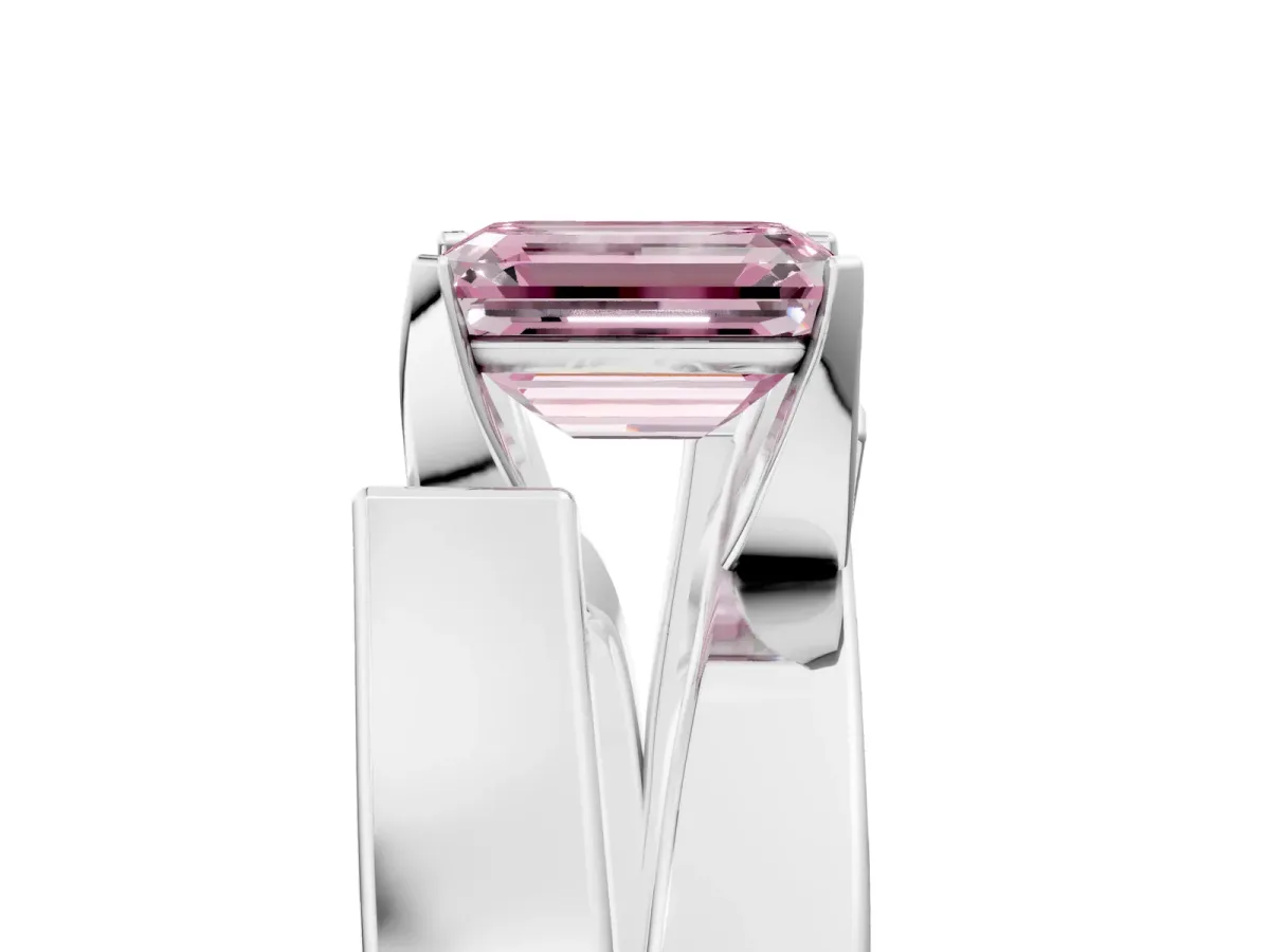 Fancy Pink Modern Tension Set Emerald Cut Diamond Solitaire Wide Band Ring Silver