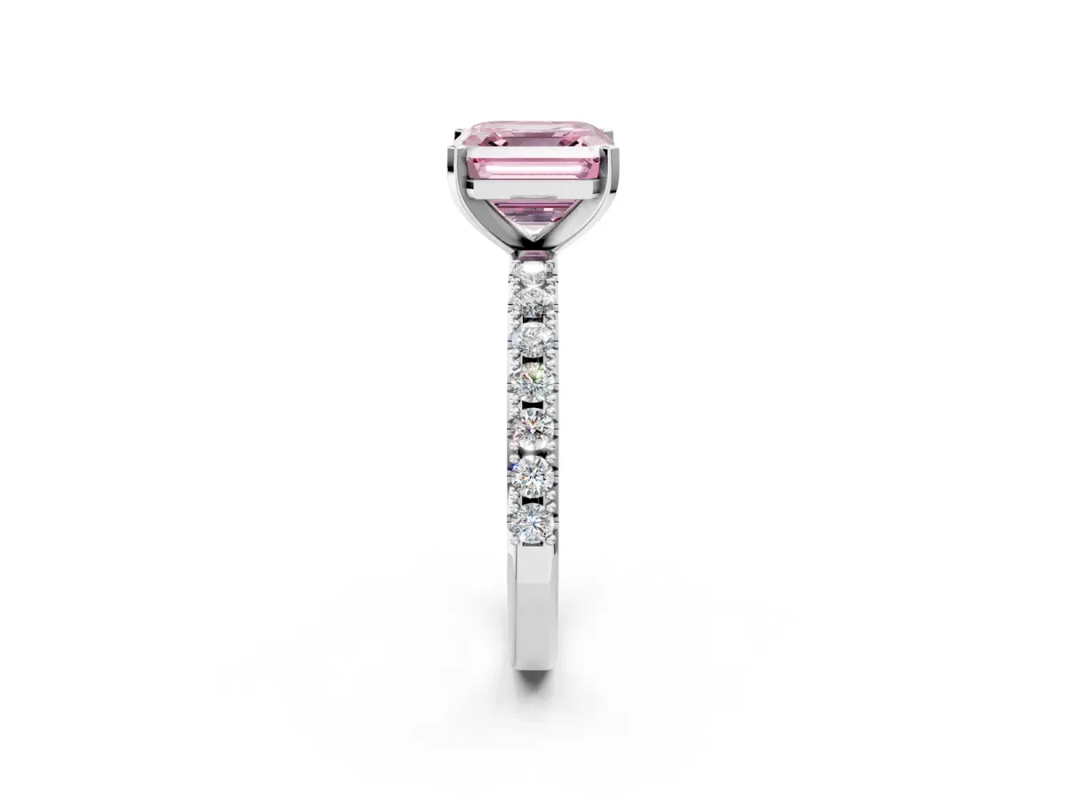 Fancy Pink Asscher Cut Diamond Solitaire Pavé Band with Four-Prong Setting Platinum