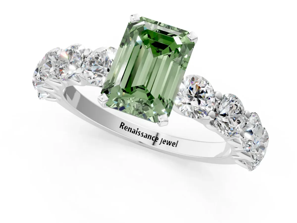 Fancy Green Emerald Cut Diamond Prong Setting with Side Stones on a Pave Band Platinum