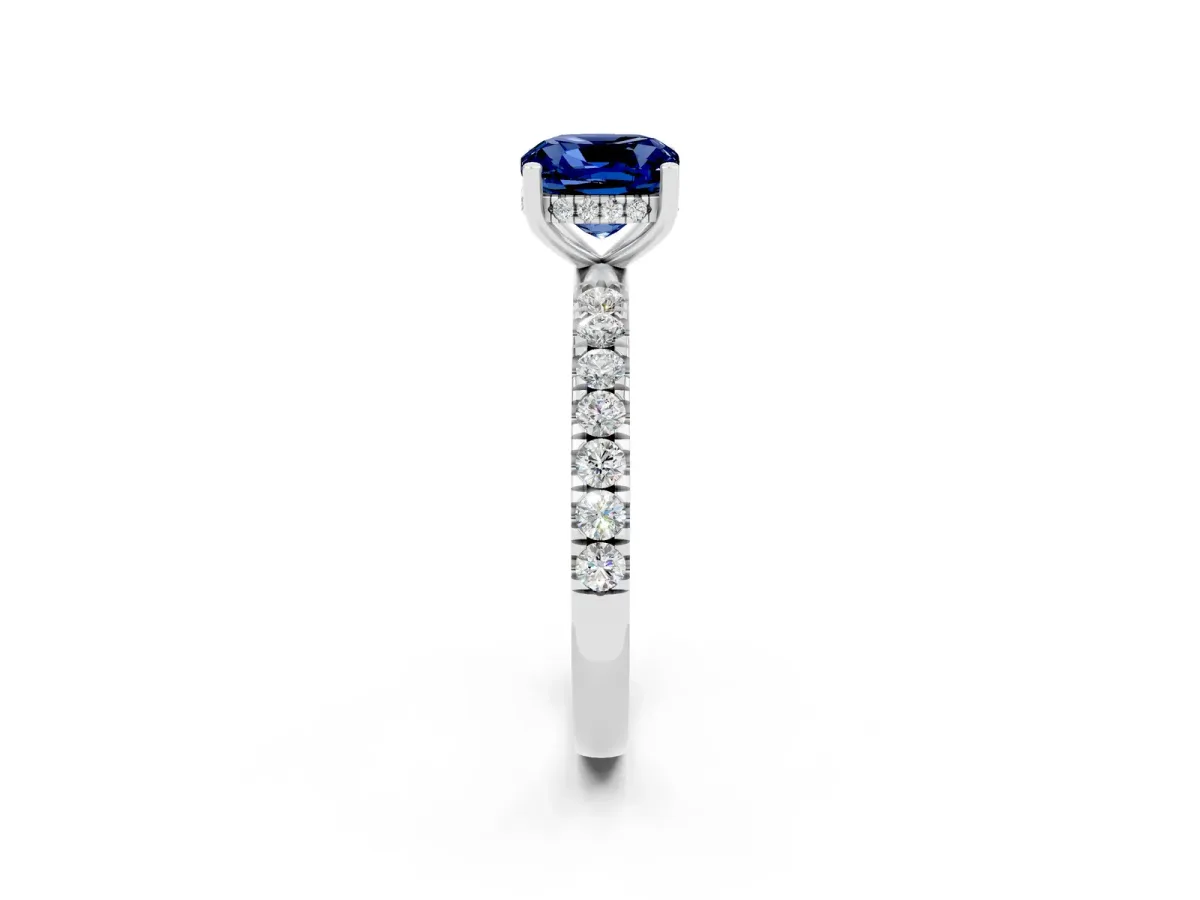 Cushion Cut Blue Sapphire Pave Band Solitaire Ring with Round and Prong Setting Platinum