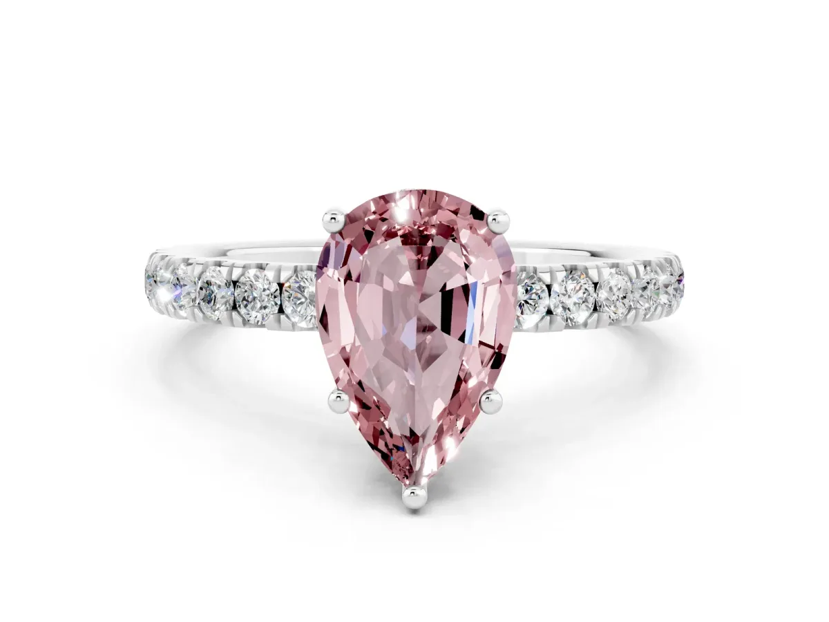 Pear Cut Morganite Pave Band Solitaire Ring with Round and Prong Setting Platinum