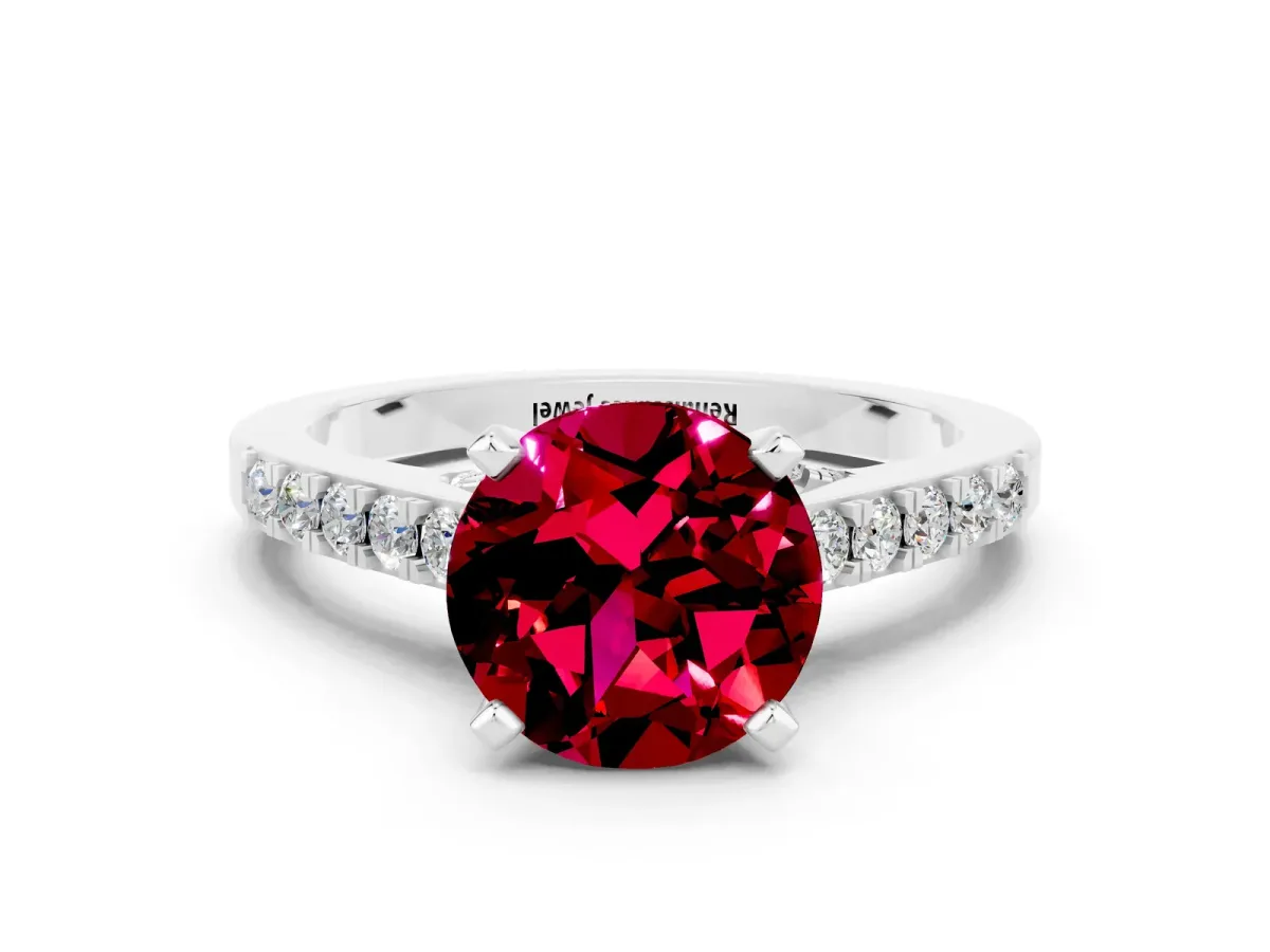 Round Cut Garnet Solitaire Ring with Crossover Gallery and Round Pavé Band Silver
