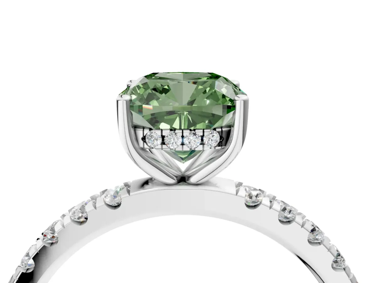 Fancy Green Cushion Cut Diamond Pave Band Solitaire Ring with Round and Prong Setting Silver