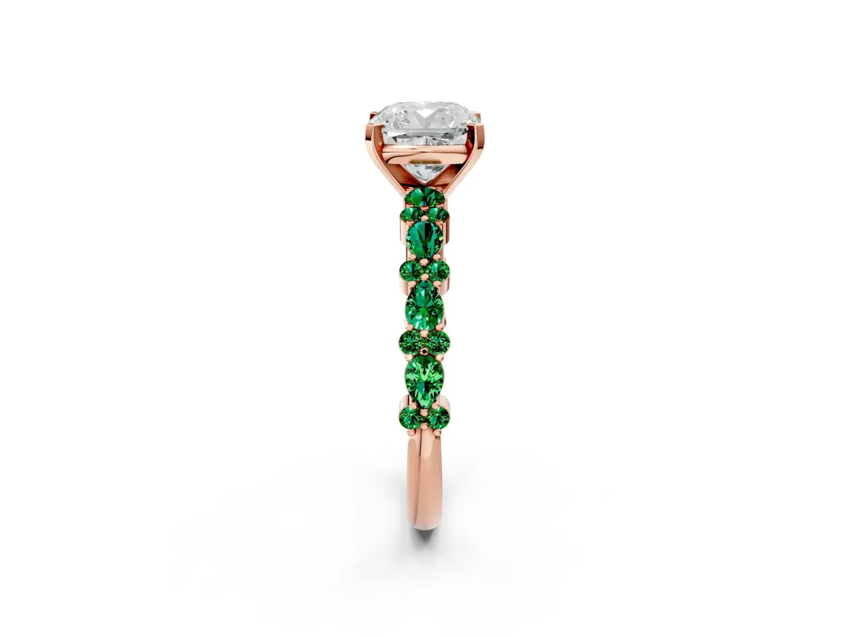 Cushion Cut Diamond Side Stone Solitaire Ring with Round Emerald and Four-Prong Setting Rose gold