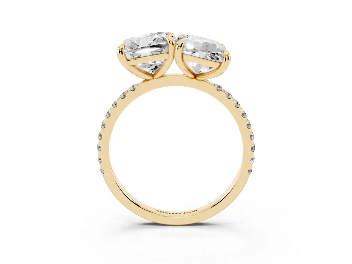 Cushion and Emerald Toi Moi Ring with Prong Setting and Micro Pave Band Yellow gold
