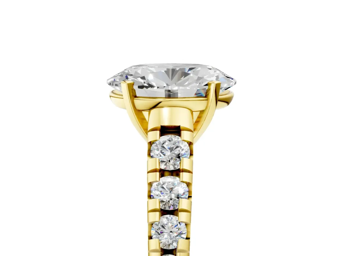 Oval Cut Diamond Cathedral Solitaire Ring with Round Pavé Band Yellow gold