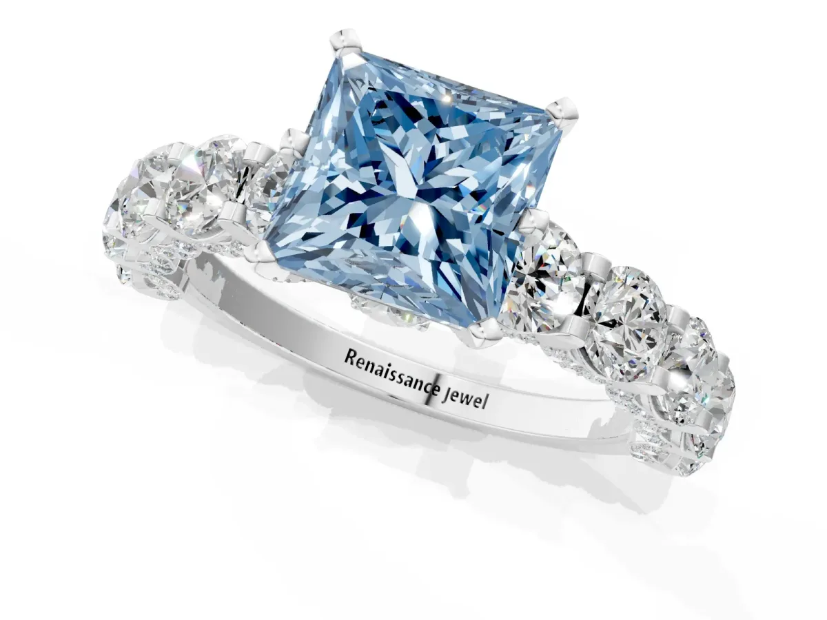 Fancy Blue Princess Cut Diamond Side Stone Engagement Ring with Four-Prong Setting White gold