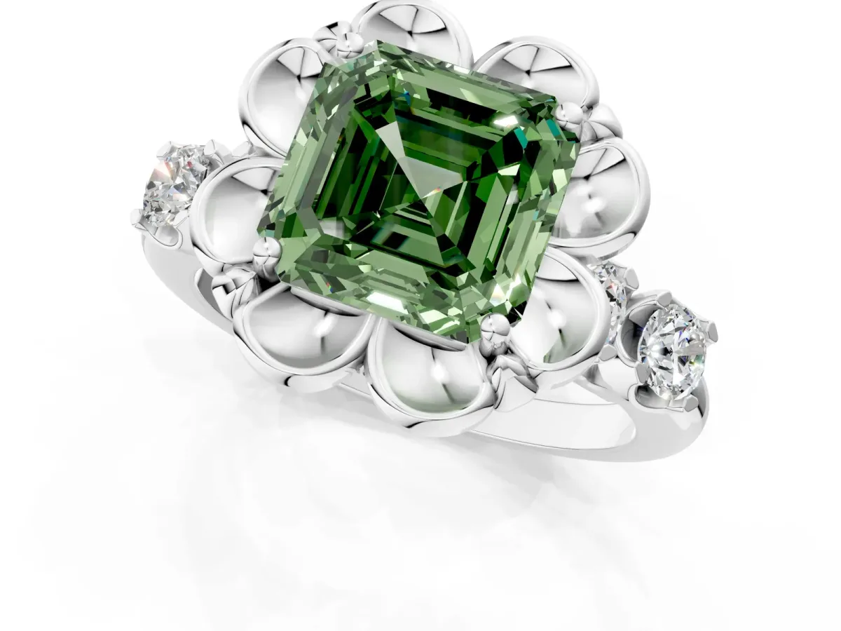Fancy Green Asscher Cut Cut Diamond Floral Halo Engagement Ring with Shared Prong Setting Silver