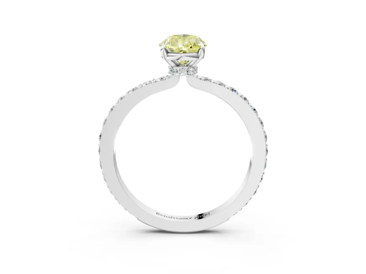 Fancy Yellow Pear Cut Diamond Solitaire Engagement Ring with Pavé Band and Four-Prong Setting Silver