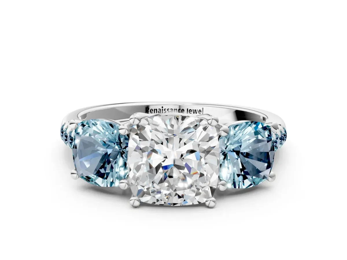 Three-Stone Cushion Cut Diamond Ring with Round Aquamarine Pavé Band and Prong Setting Silver