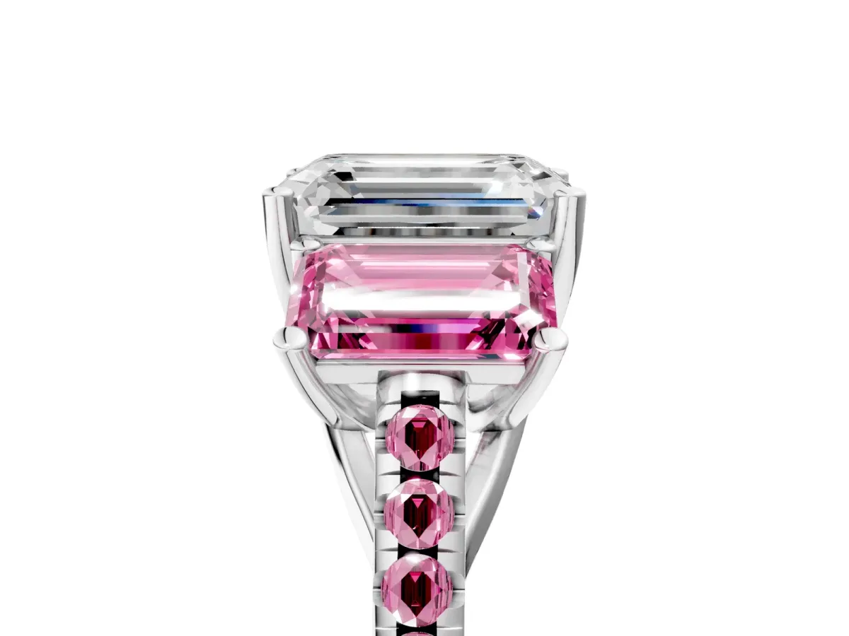 Three-Stone Emerald Cut Diamond Ring with Round Pink Sapphire Pavé Band and Prong Setting Silver