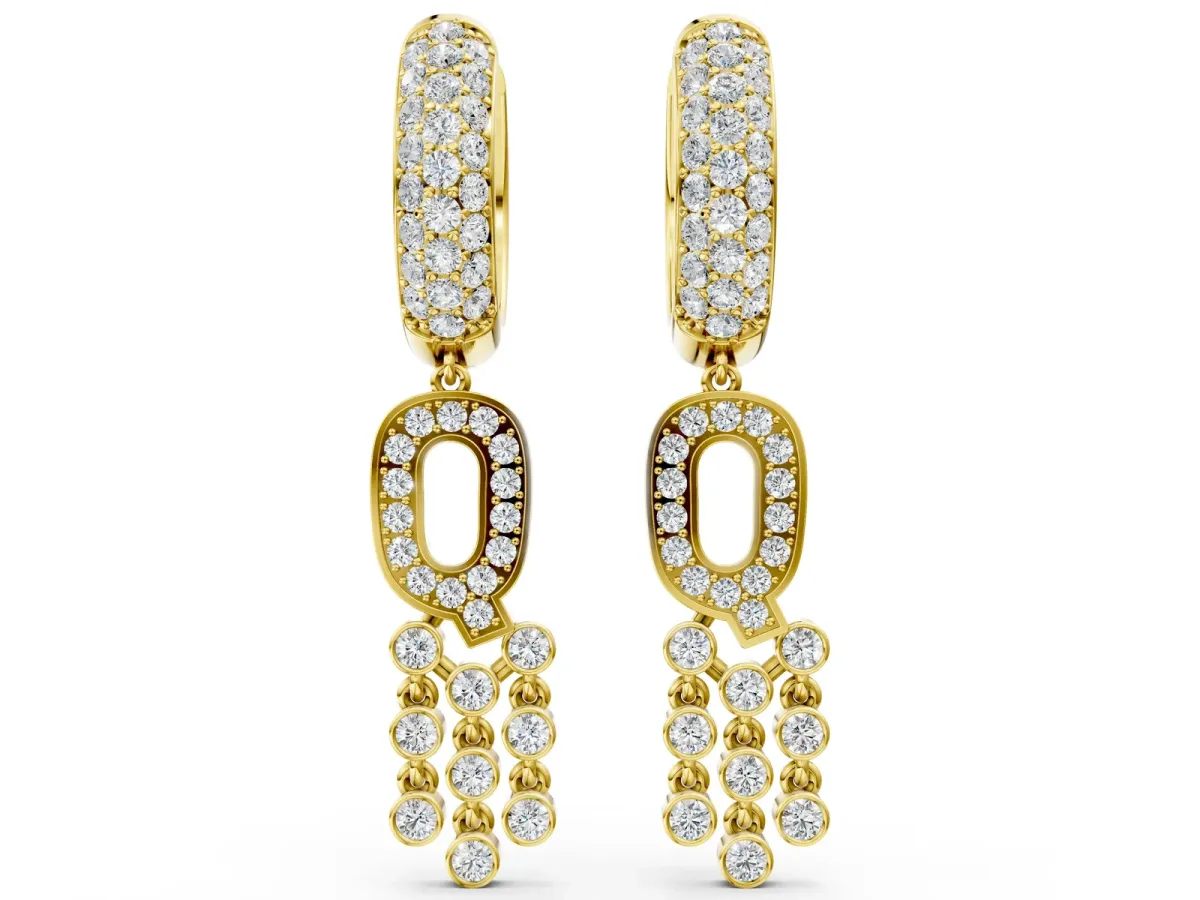 Round Diamond Initial Q Huggie Hoop Earrings Yellow gold